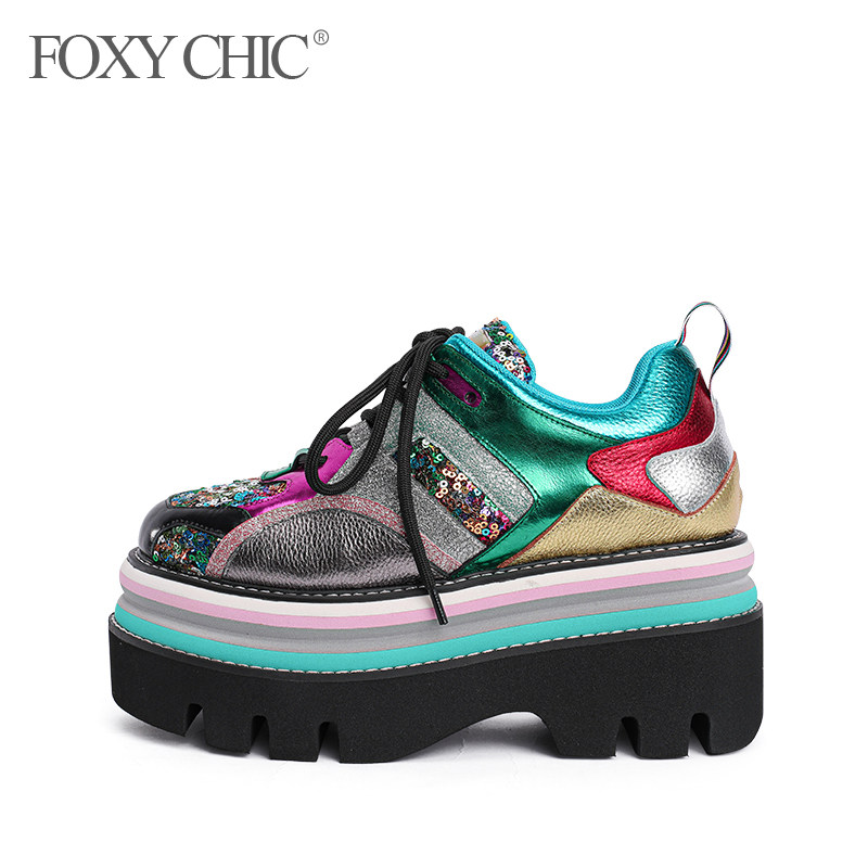 foxychic彩色松糕鞋女厚底真皮2020新款亮片时尚休闲鞋