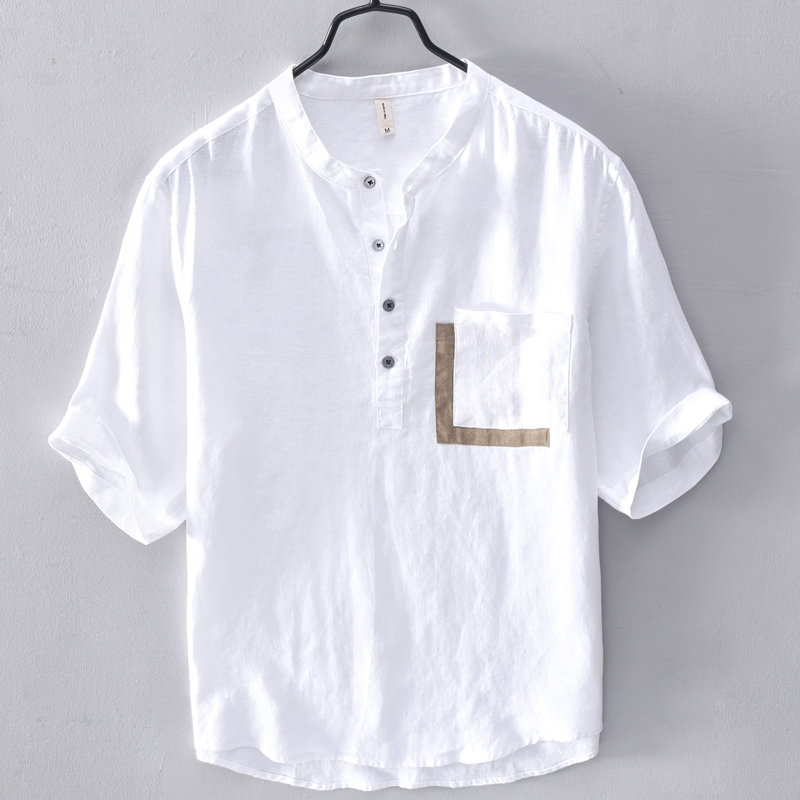夏装亚麻料短袖T恤男士夏季立领潮流半袖中袖t恤男装棉麻布上衣服