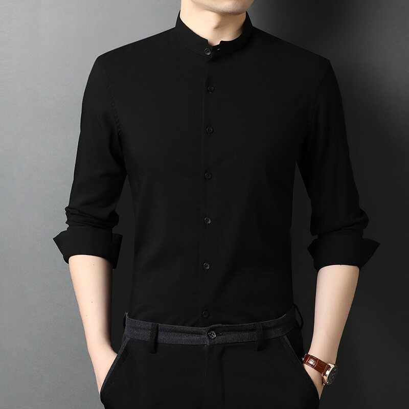 男士圆领衬衫长袖夏季冰丝雪纺上衣黑色男装衬衫