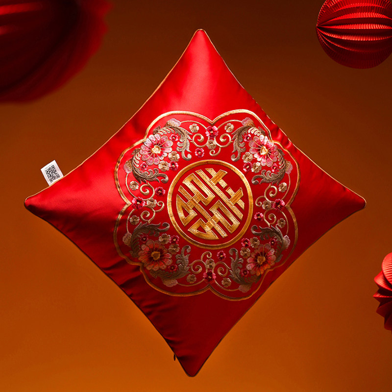 抱枕结婚婚庆靠垫中式红色刺绣喜字一对喜枕靠垫