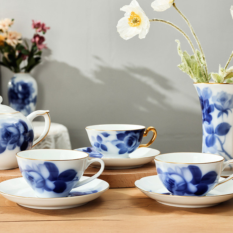 日本okura大仓陶园蓝色玫瑰复古青色白瓷咖啡杯碟茶壶杯礼品套装