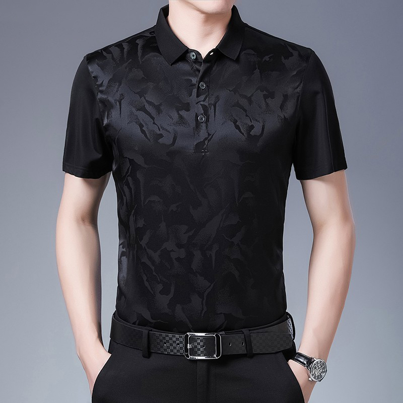 桑蚕丝短袖t恤中年男士真丝翻领休闲Polo衫薄款潮流冰丝半袖上衣