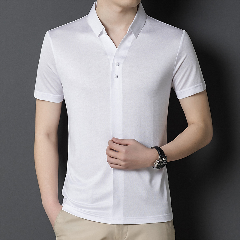 夏季莫代尔男士短袖t恤翻领时尚潮流桑蚕丝V领polo衫薄款真丝半袖