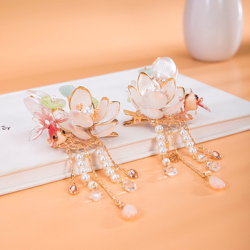 荷花锦鲤古风发夹儿童汉服发饰中国国风配饰发饰