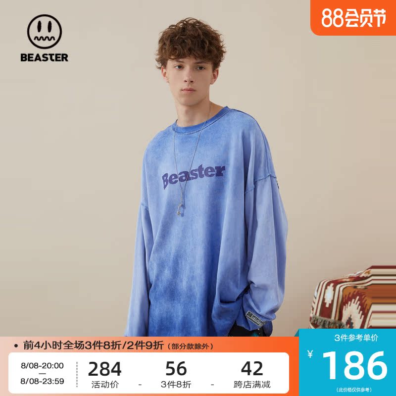 BEASTER小恶魔鬼脸扎染字母印花T恤春秋款宽松圆领套头情侣衫潮