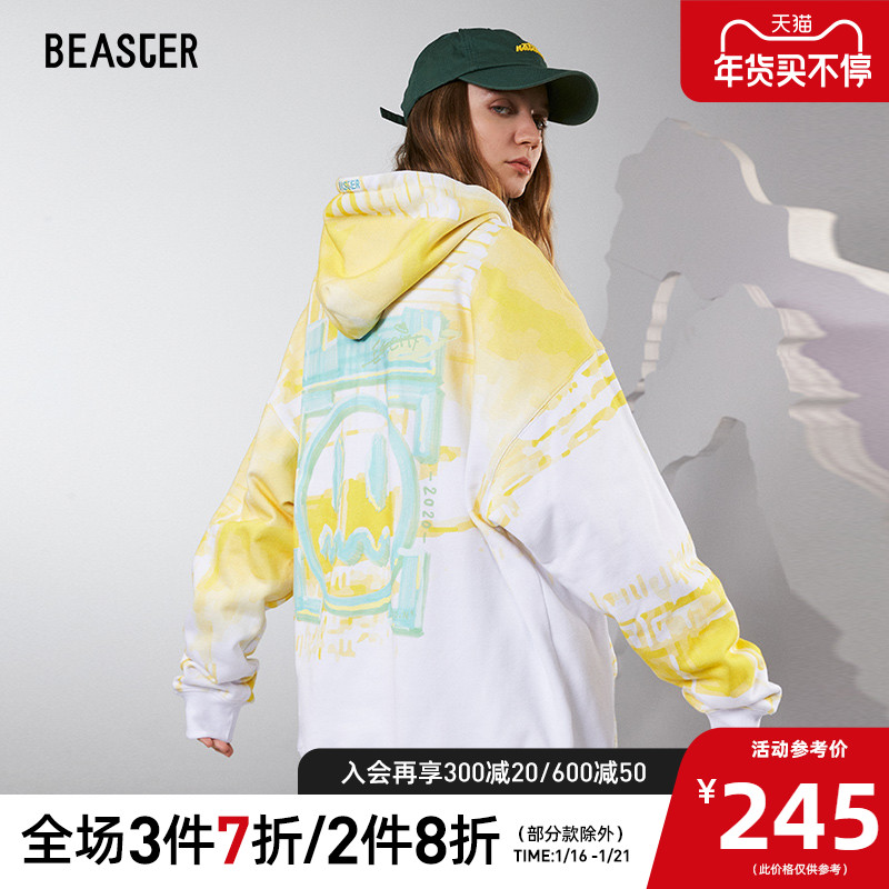 BEASTER小恶魔鬼脸套头立体印花图案百搭情侣装毛圈针织连帽卫衣