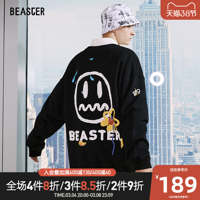 BEASTER小恶魔笑脸橙色卫衣男鬼脸印花潮牌情侣套头叠穿卫衣春秋