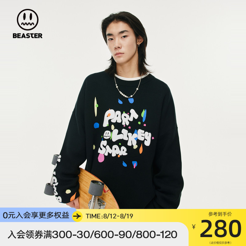 BEASTER小恶魔鬼脸潮流发泡印花毛衣情侣春季新款休闲圆领针织衫
