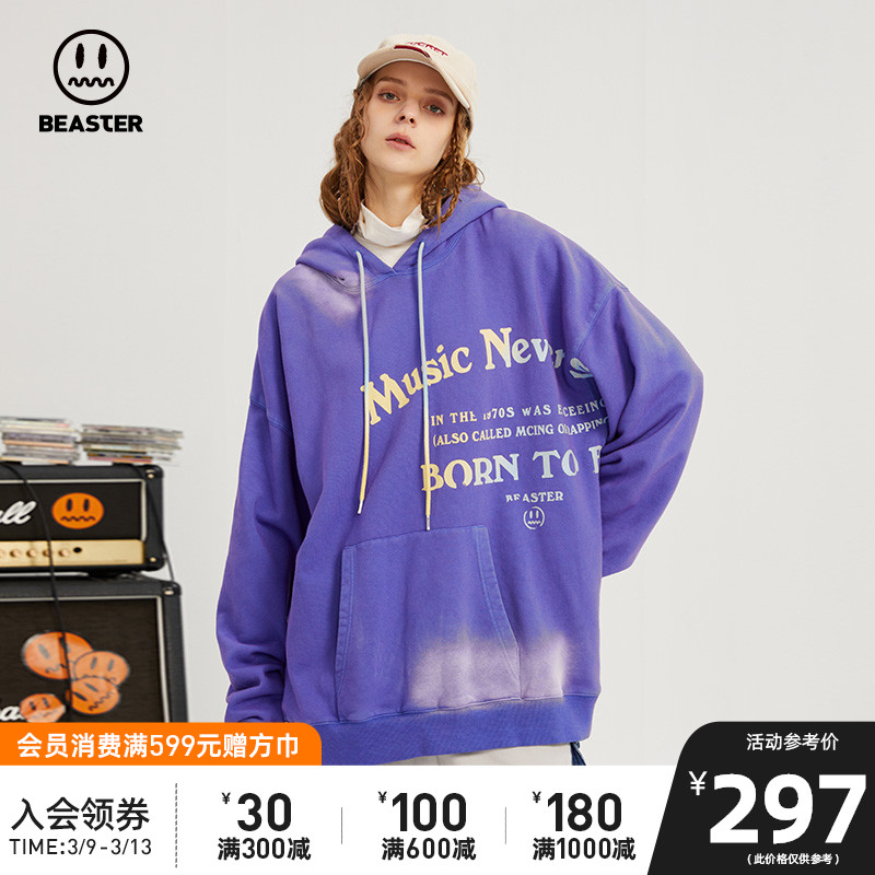 BEASTER小恶魔鬼脸美式复古连帽卫衣渐变字母街头男友风落肩上衣