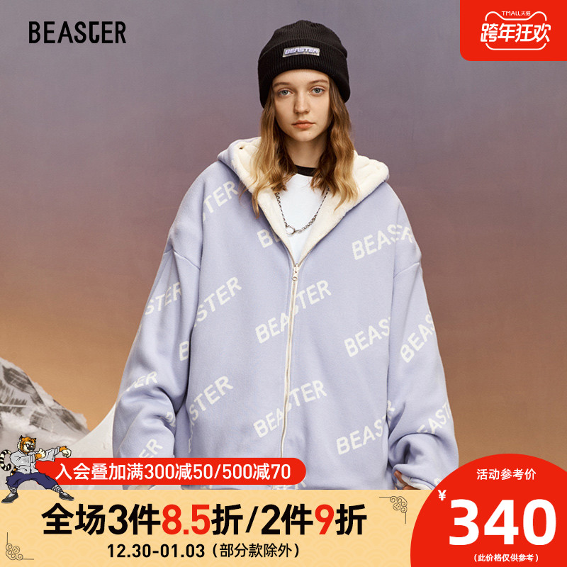 BEASTER小恶魔鬼脸字母满印防风保暖国潮仿羊羔毛正反两面穿外套