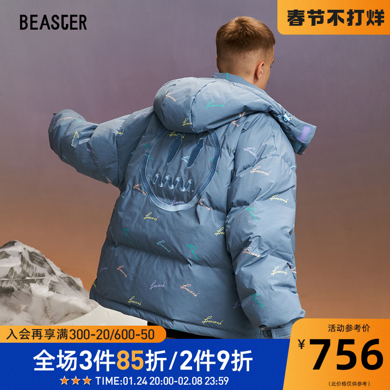 BEASTER小恶魔鬼脸外套印花潮满印撞色魔术贴连帽防风保暖羽绒服