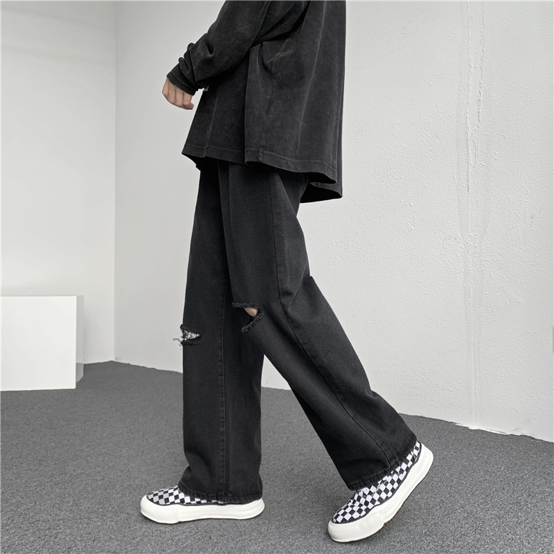 破洞牛仔裤男夏季薄款宽松直筒阔腿裤潮流百搭老爹裤潮牌高街裤子