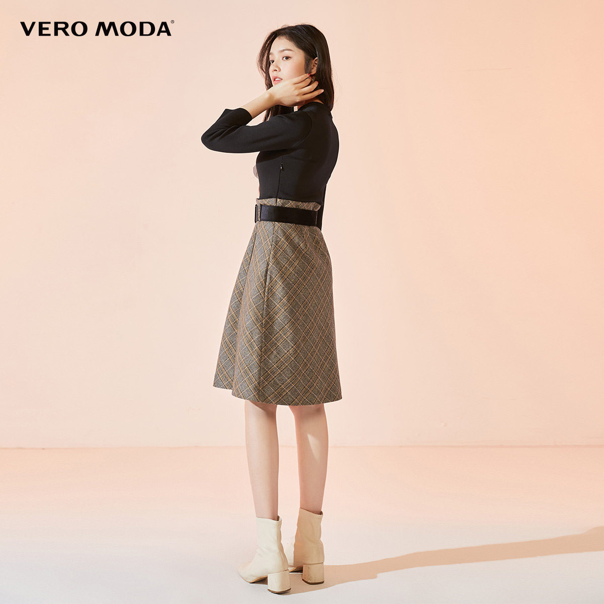 veromoda2021春季新款气质通勤针织拼接格纹连衣裙连衣裙