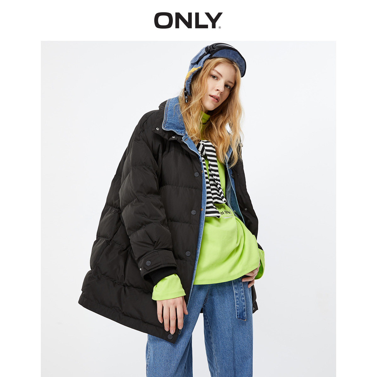 only2020冬季新款直筒宽松字母印花拼接棉衣棉服棉衣