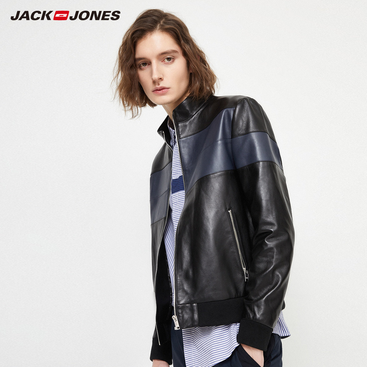 jackjones杰克琼斯春男绵羊羊皮机车立领真皮皮衣夹克皮衣
