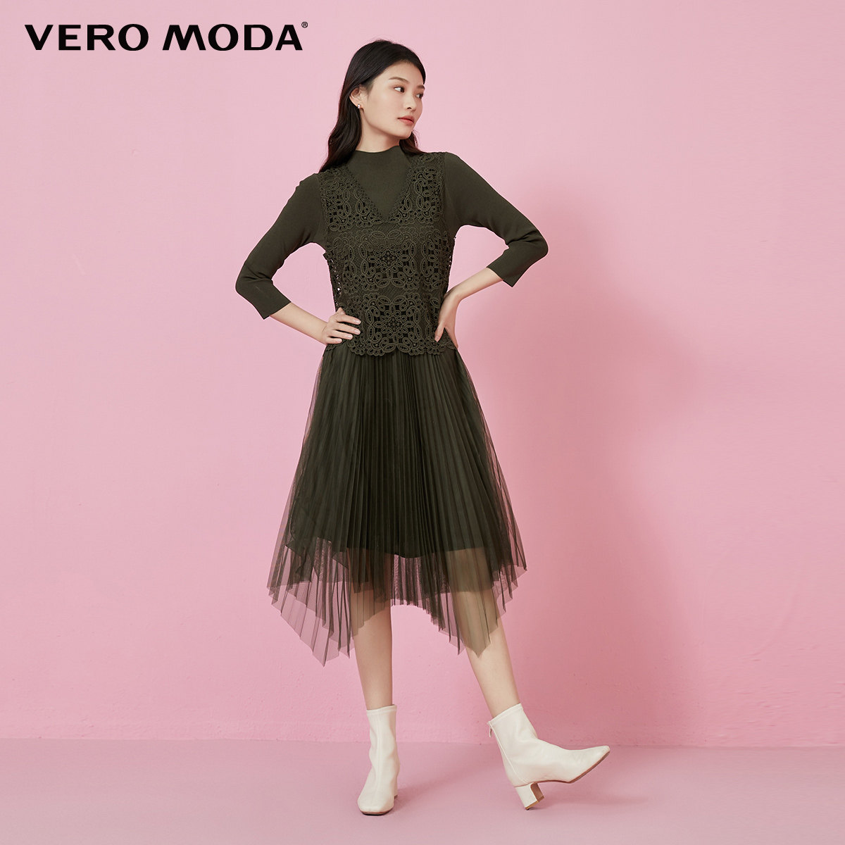 veromoda2021春夏新款镂空针织百褶新年连衣裙两件连衣裙