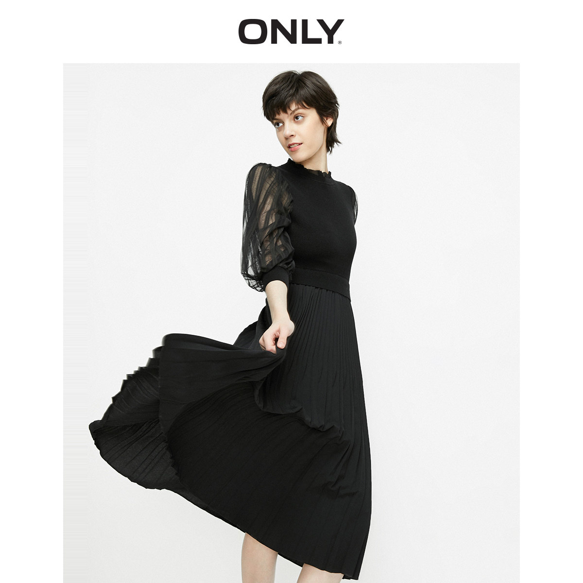 only2020夏季新款网纱拼接花边百褶修身气质连衣裙连衣裙