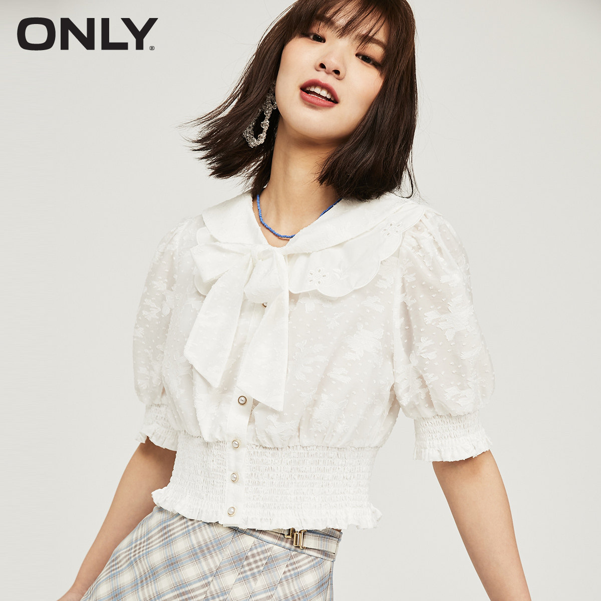 only2021夏季新款抽象图案设计泡泡褶皱收腰衬衫衬衫