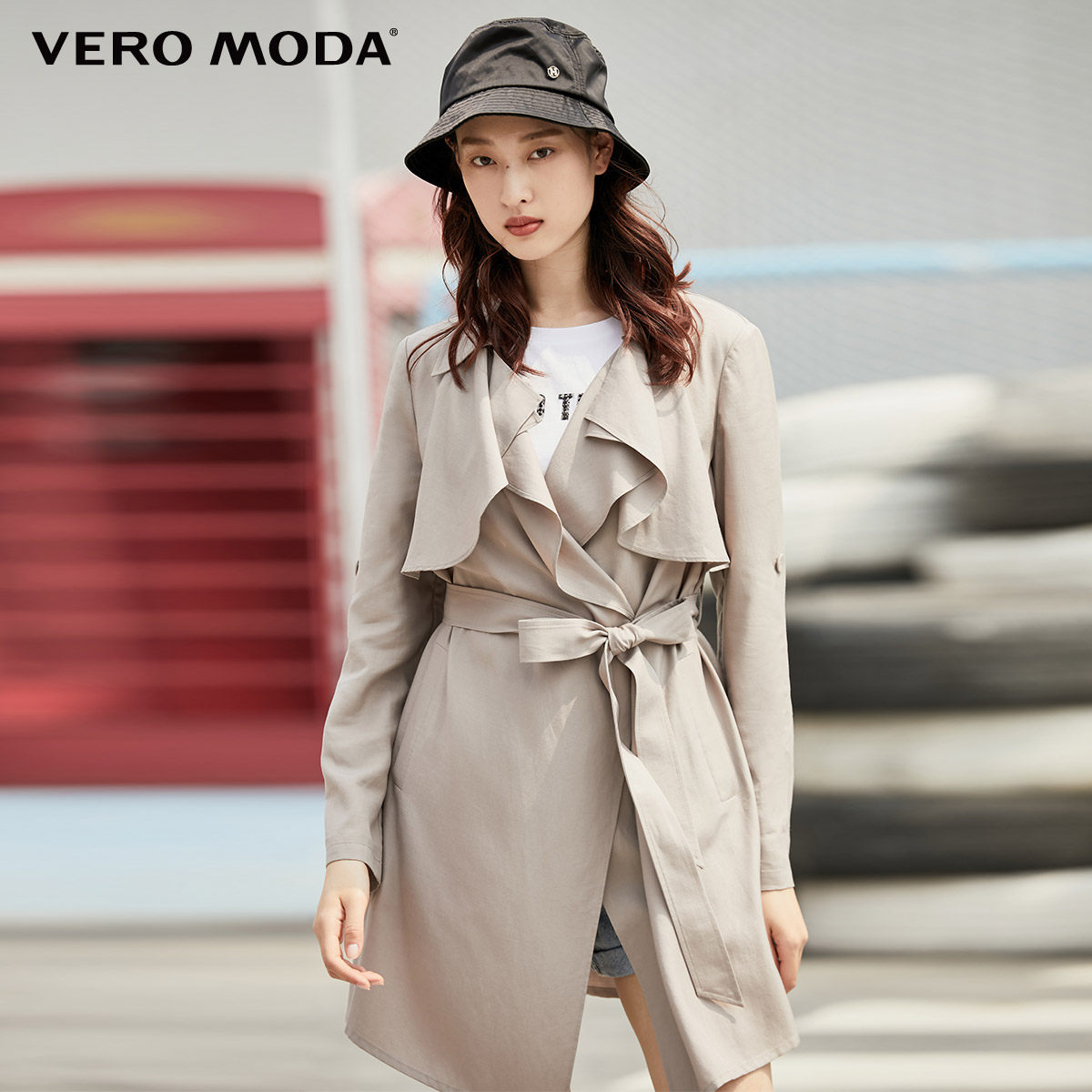 veromoda2021春秋新款荷叶立体风挡系带风衣外套风衣