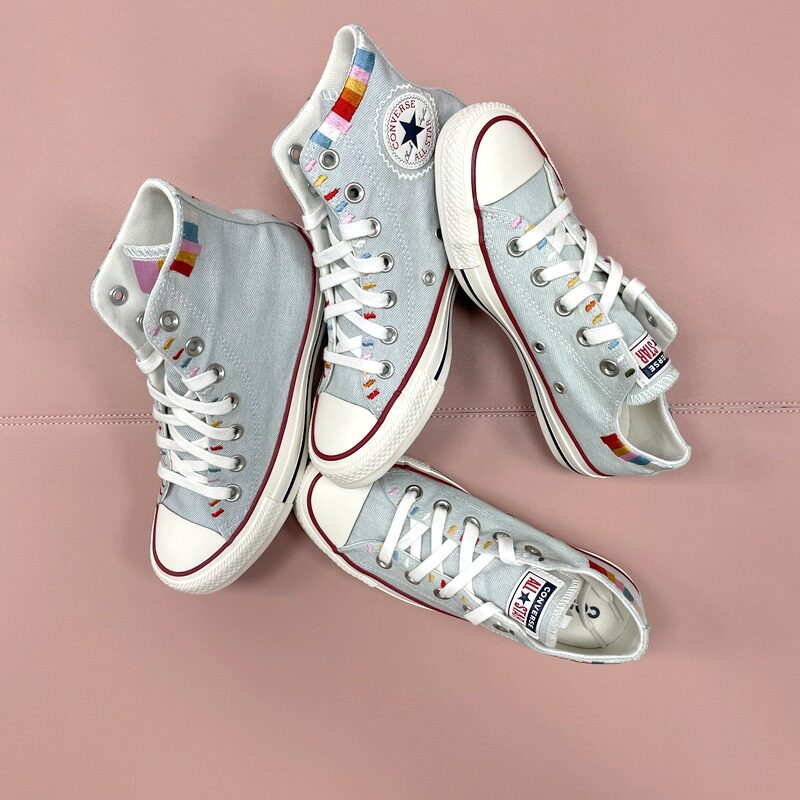 匡威allstar彩虹刺绣浅蓝纯色女子高低帮帆帆布鞋