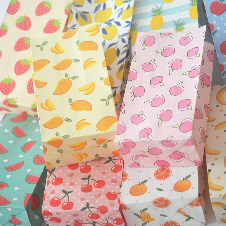 5个一份水果款平口纸袋炫彩瓜果图案礼品礼品包装牛皮纸袋