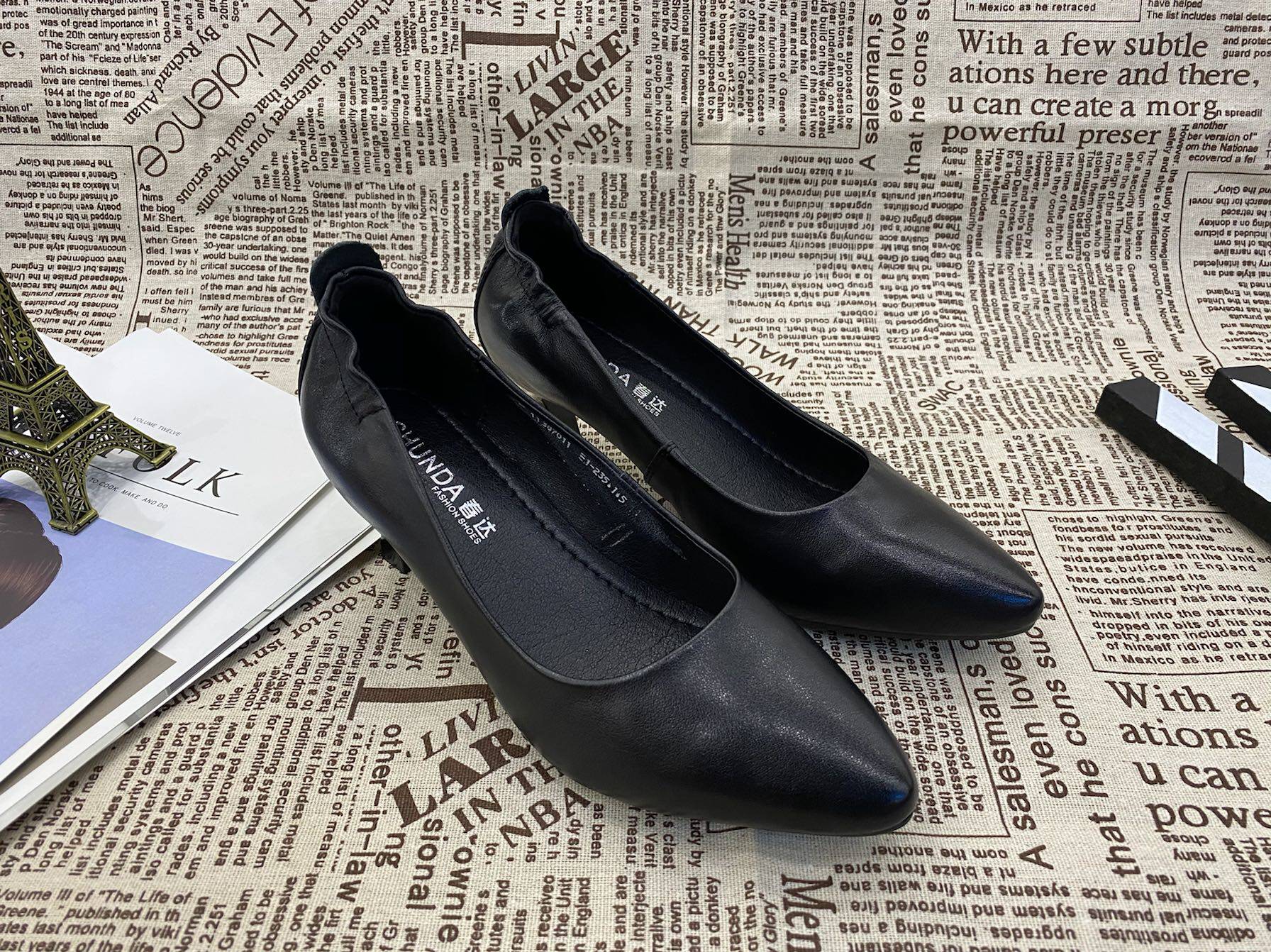 春达真皮素面通勤工装皮鞋春秋5cm高跟女鞋浅口单鞋