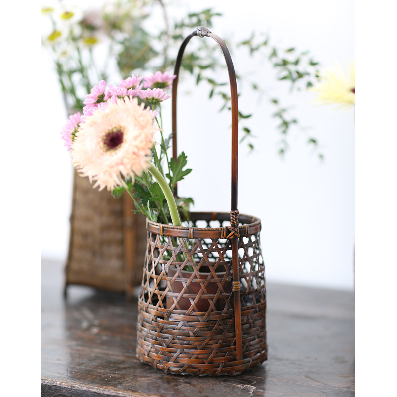 花篮插花手工竹艺竹编中华花艺中式花花日式竹编