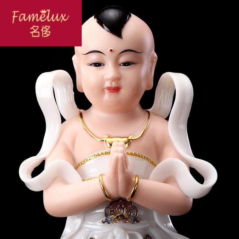 玉雕珐琅金童玉女观音菩萨家用供奉善财童子童女摆件