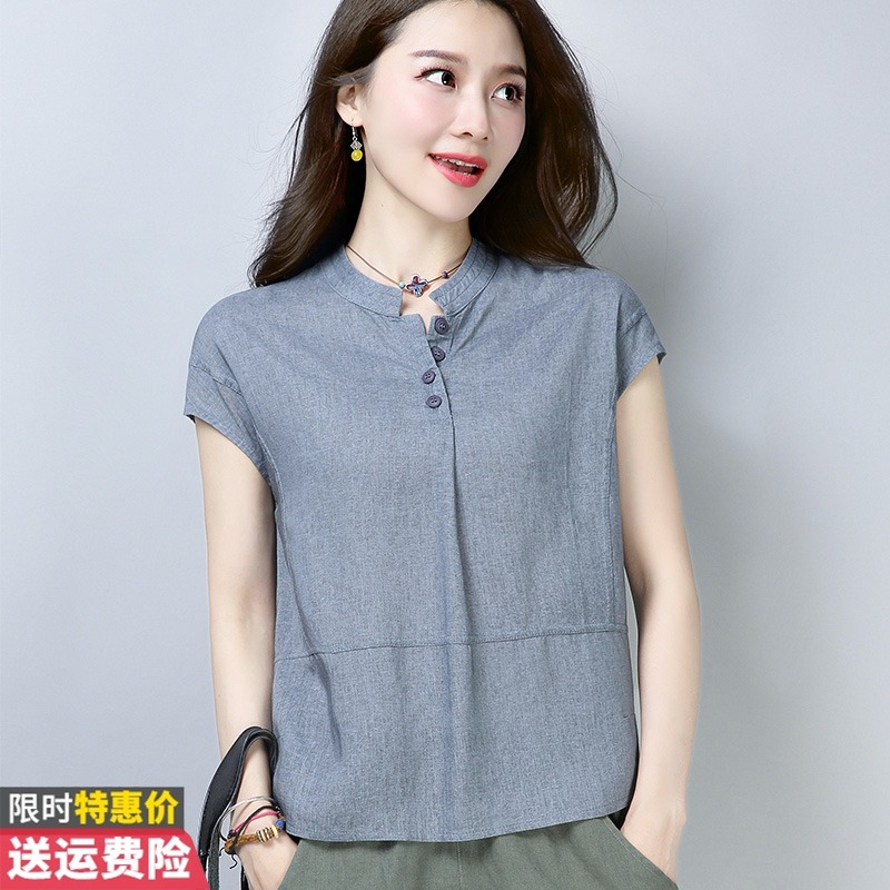 棉麻短袖t恤女夏装大码宽松洋气衬衫妈妈显瘦遮肚子亚麻上衣夏薄