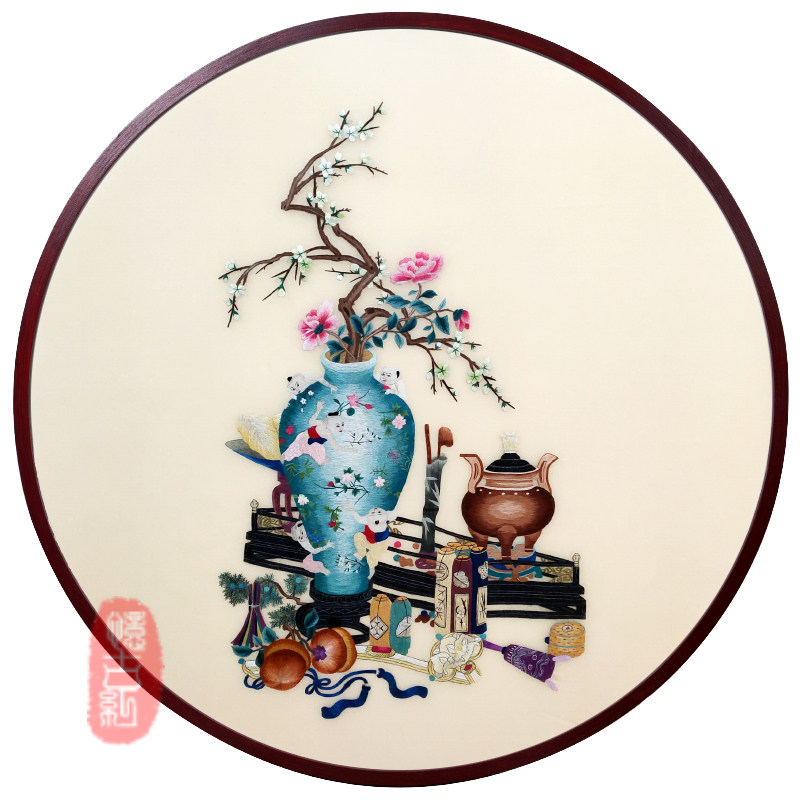 新中式圆框装饰画中式客厅手工餐厅玄关挂画成品苏绣