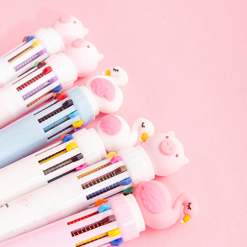 可爱卡通按动多色圆珠笔10色小清新多功能彩色笔女生圆珠笔