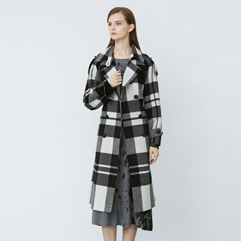 sdeer圣迪奥冬季复古翻领色格纹收毛呢大衣s21481818毛呢外套