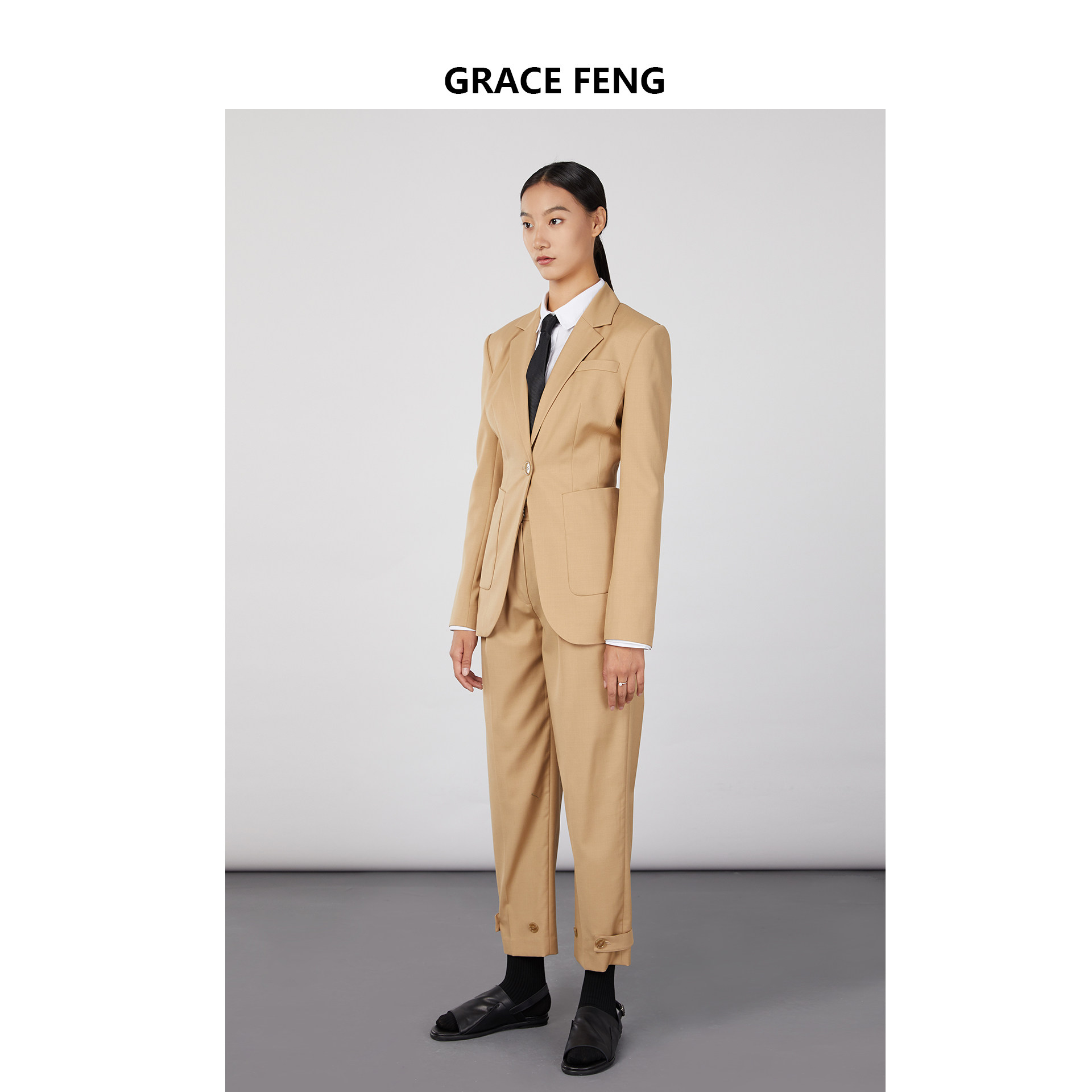 graciefeng春夏驼色宽肩收腰时髦西装外套西装