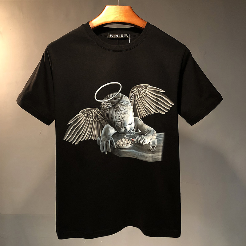 欧美潮牌堕落丘比特印花短袖女宽松纯棉T恤潮男女同款情侣装tee