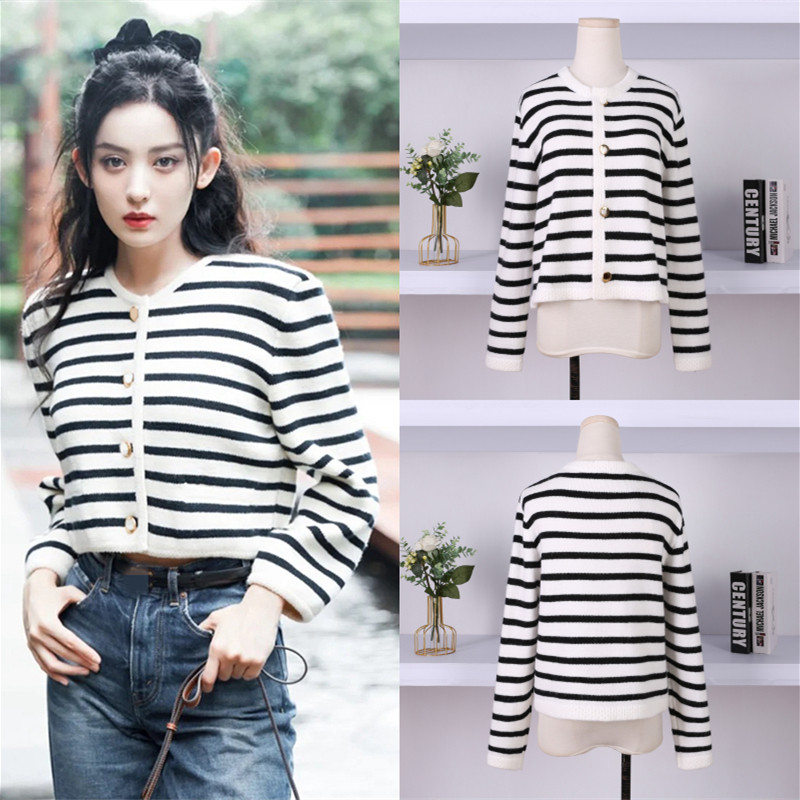 明星古力娜扎同款衣服秋冬季新款气质黑白条纹毛衣