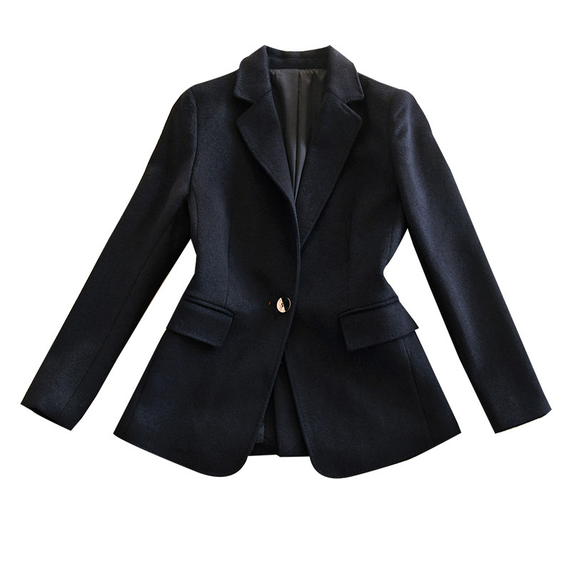 优雅干练质感超赞洋气拼色纽扣藏青青色羊毛西装