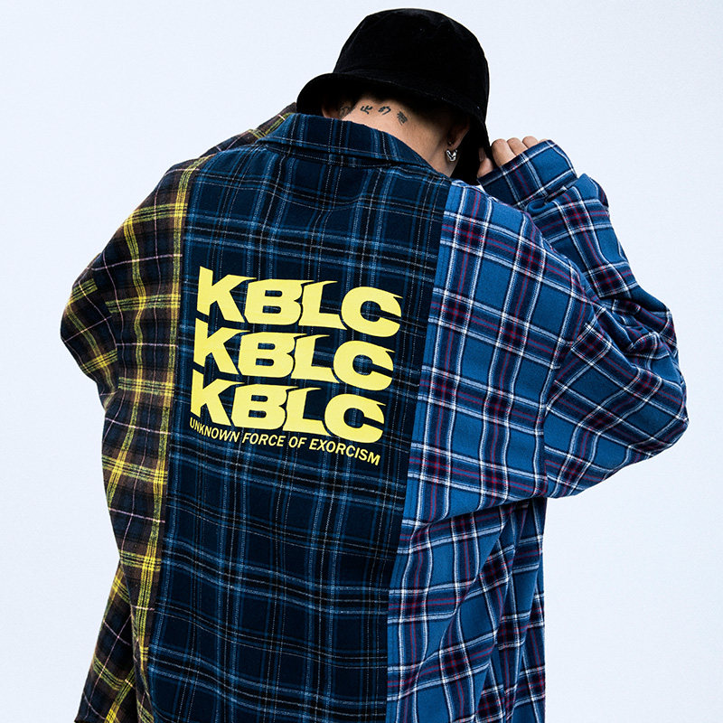 愚人潮社 kodakblack 潮牌撞色后背印花拼接格纹长袖衬衫外套男女