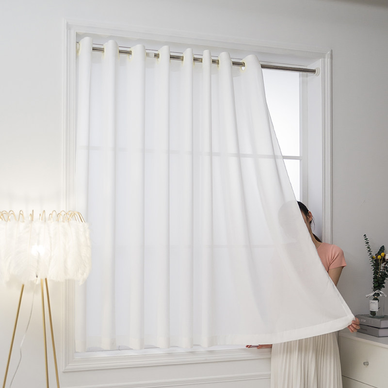 小窗帘免打孔伸缩杆飘窗白纱短帘遮光纱帘透光不透人白色白沙短款