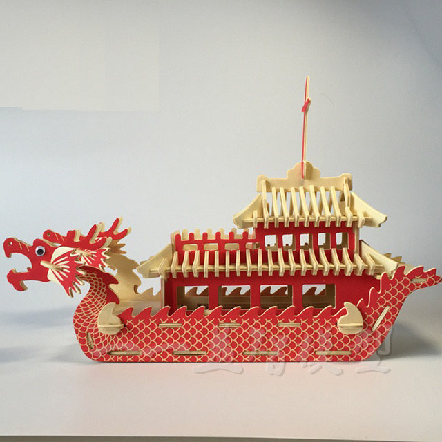 彩色龙船模型 3d木质立体拼图 端午礼品 创意益智玩具 龙舟模型