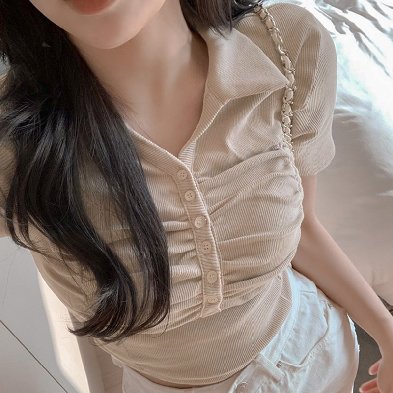 性感深v领半开领褶皱排扣翻领短袖t恤显瘦显身材露脐短款上衣辣妹