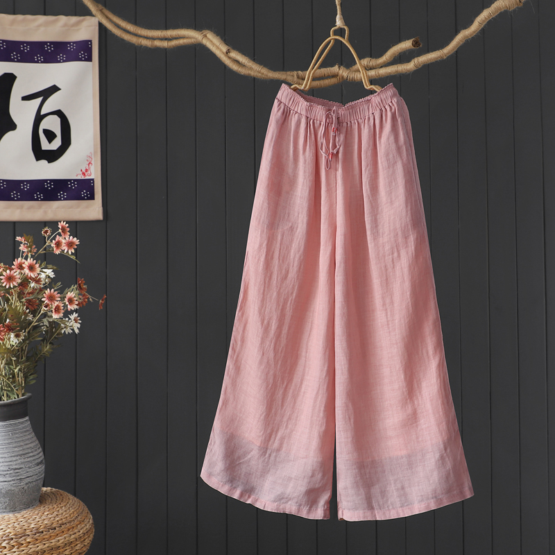 陌上轩文艺复古纯色薄款细苎麻双层长裤女夏宽松禅意飘逸阔腿裤仙