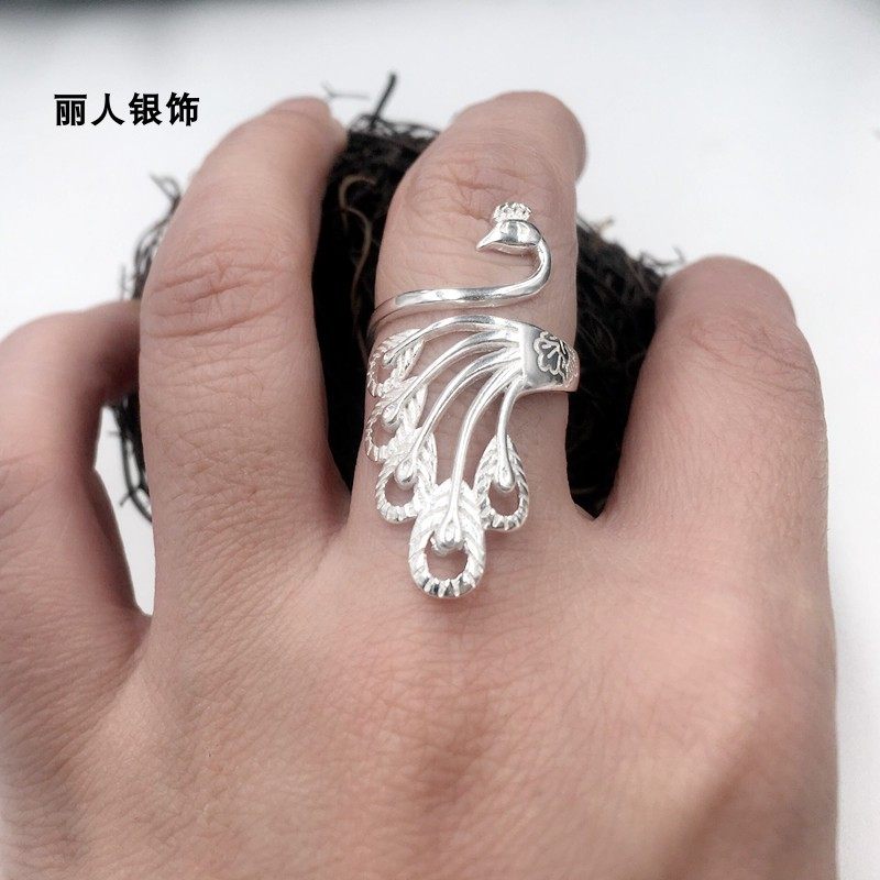 纯银复古凤凰长款女戒指足银开口民族风孔雀食指戒指