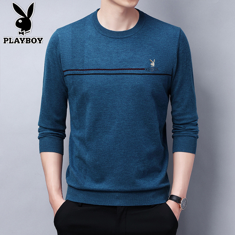 花花公子长袖t恤男士圆领羊毛衫春秋季针织衫毛衣薄款秋冬打底衫