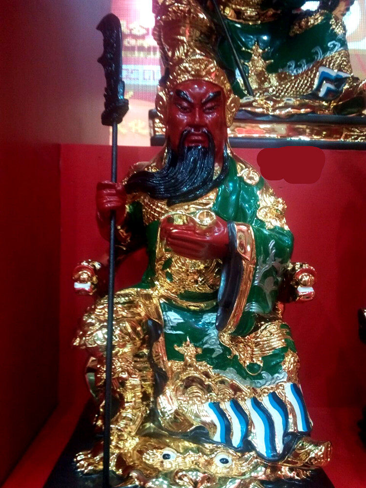 关公16寸关帝佛像摆件绿袍坐开文武木纹镇武财神摆件