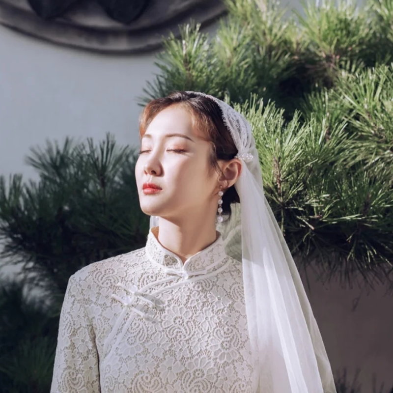 新款民国复古风头蕾丝包头短款双层造型写真头纱
