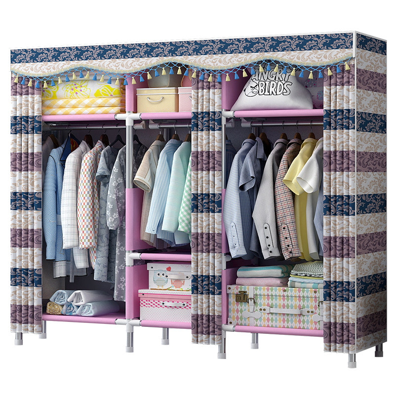 拉链简易布衣柜钢管加粗加固双人加厚布艺现代简约经济型组装衣橱