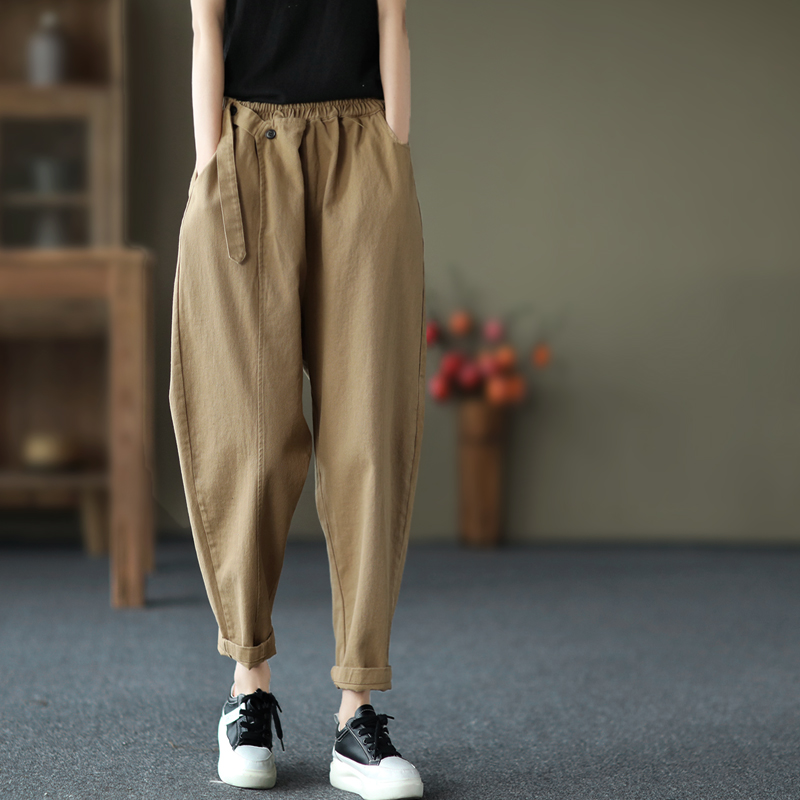 园园美衣新款复古斜纹全棉休闲裤女松紧腰纯色显瘦哈伦裤九分裤