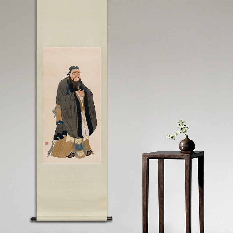 手绘真迹工笔人物国画至圣先师孔子行教画像玄关国画