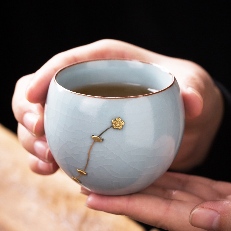五大大名窑汝窑开片锯瓷茶杯陶瓷焗钉杯可养品茗茶杯