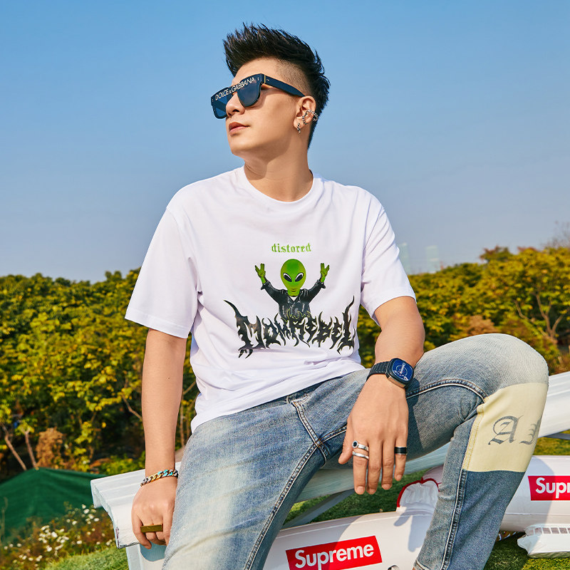 zouk欧美复古嘻哈印花外星人恤男短袖潮牌百搭t恤